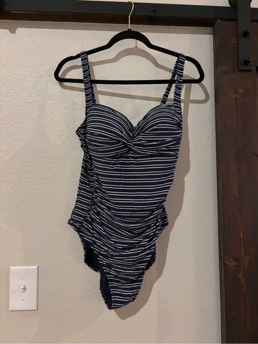 Women’s Striped Navy and White One-Piece Swimsuit with Twist Front